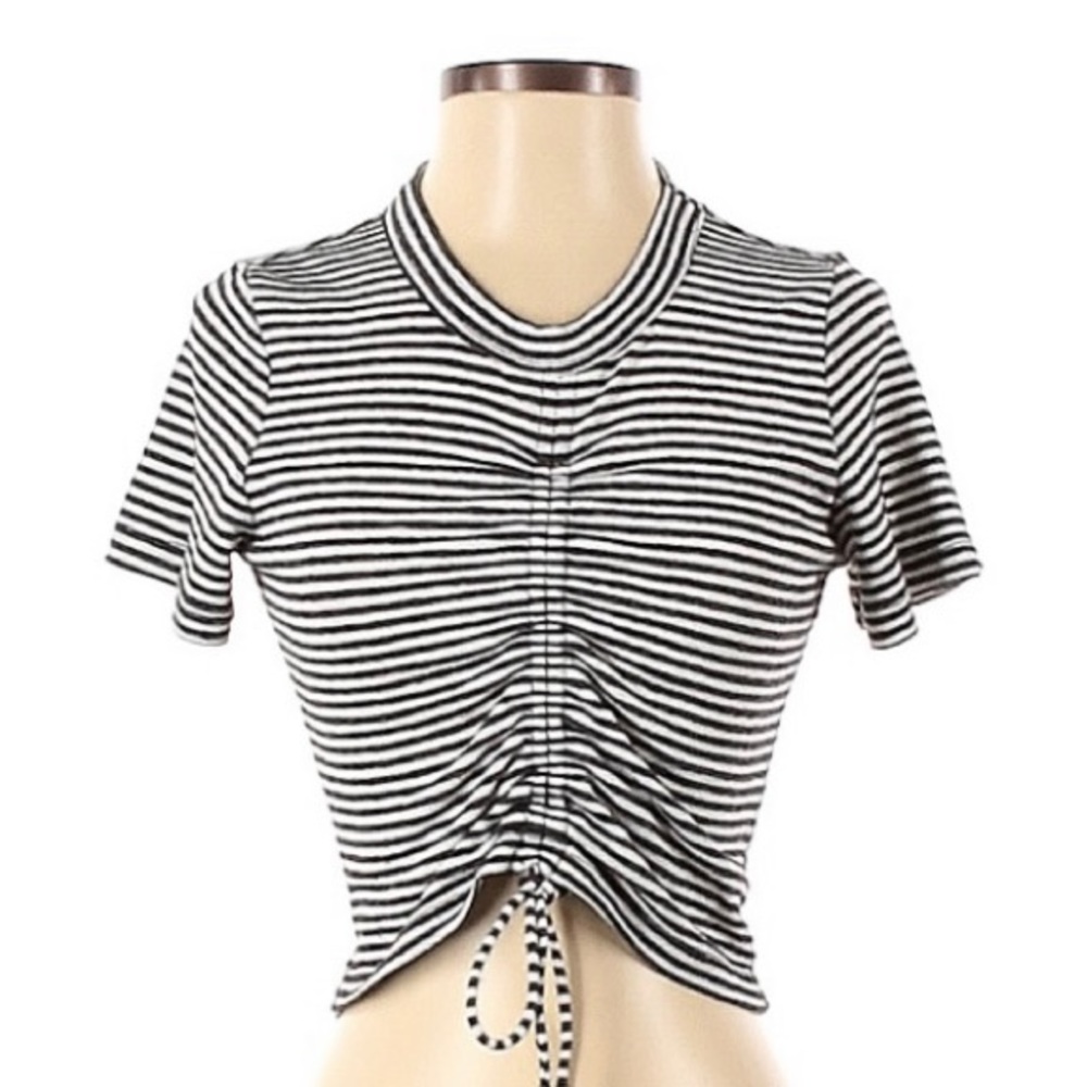 Linen blend ruched tie striped tee